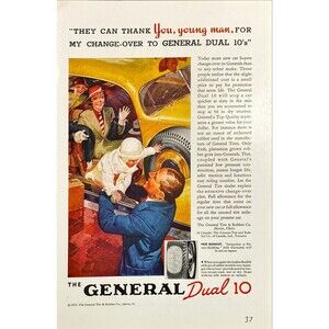 General Tire & Rubber "General Dual 10 Tires-Family in Car Art"Vtg Print Ad 1937